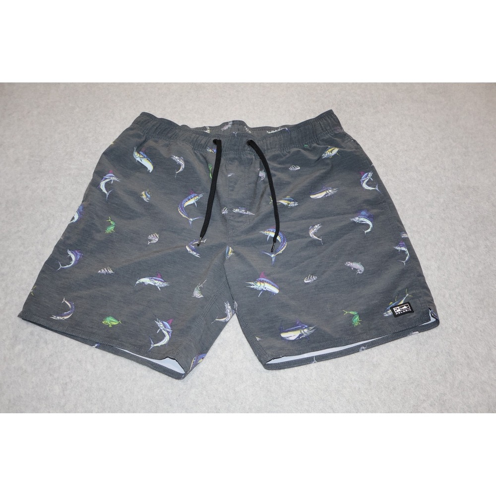 Pelagic Swim Shorts Men Large Gray Fish Print Board Shorts 7" Inch Inseam